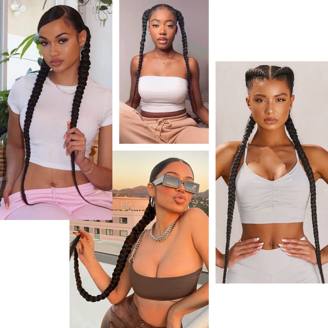 26 inches Long Ponytail Extensions Boxing Braids Hair Pieces Wrap Around Chignon Rubber Band Hair Ring Black Ombre Braid DIY