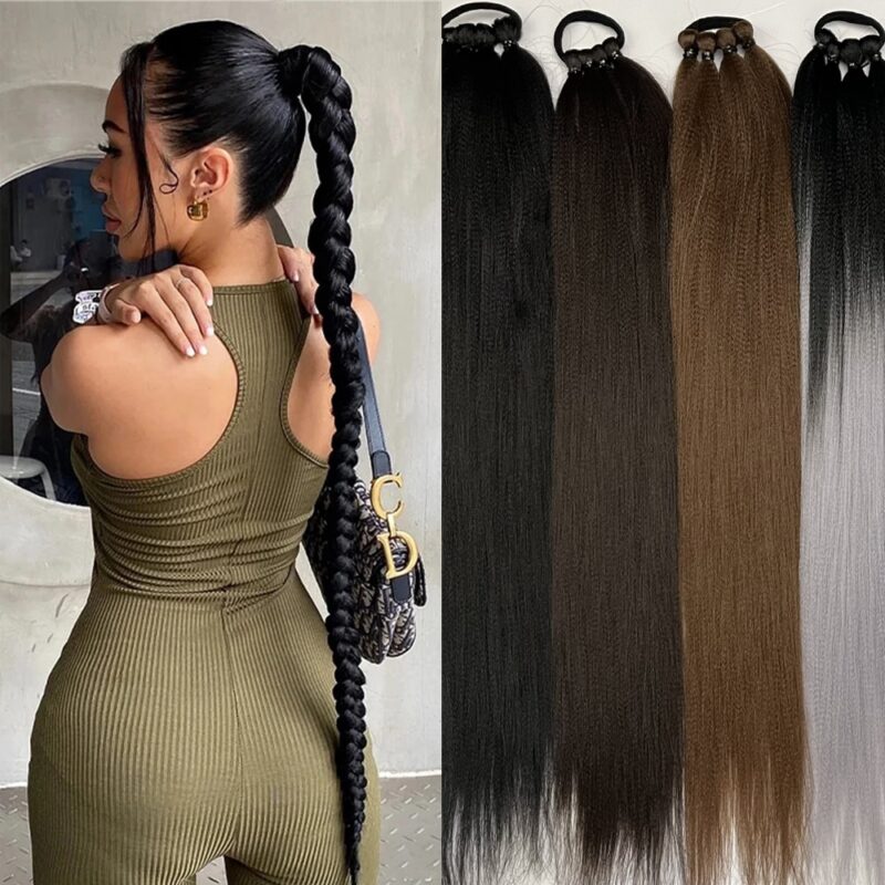 26 inches Long Ponytail Extensions Boxing Braids Hair Pieces Wrap Around Chignon Rubber Band Hair Ring Black Ombre Braid DIY