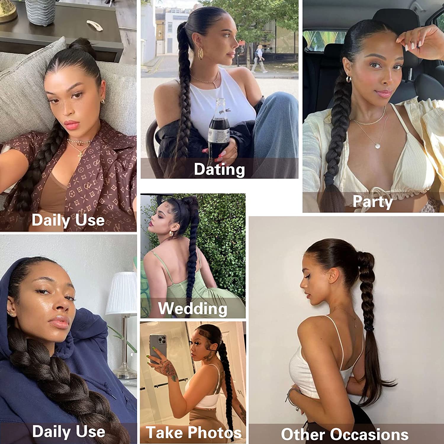 26 inches Long Ponytail Extensions Boxing Braids Hair Pieces Wrap Around Chignon Rubber Band Hair Ring Black Ombre Braid DIY
