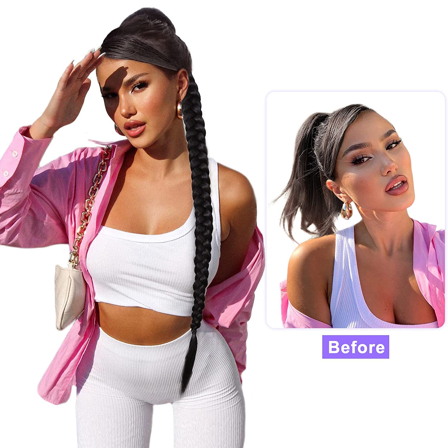 26 inches Long Ponytail Extensions Boxing Braids Hair Pieces Wrap Around Chignon Rubber Band Hair Ring Black Ombre Braid DIY
