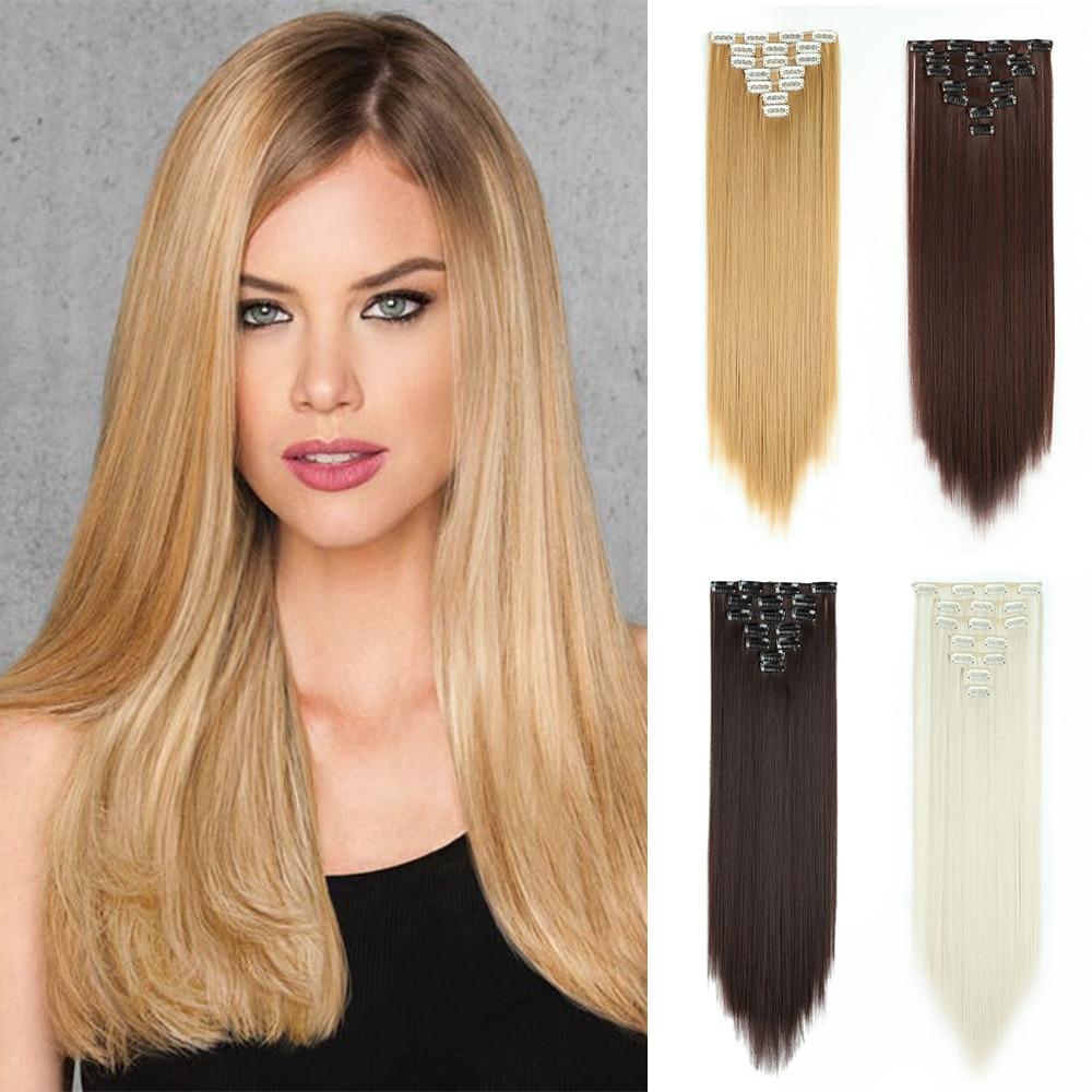 Long Straight Hairstyle Synthetic Blonde Black Hairpieces 24Inchs 16 Clips in Hair Extensions