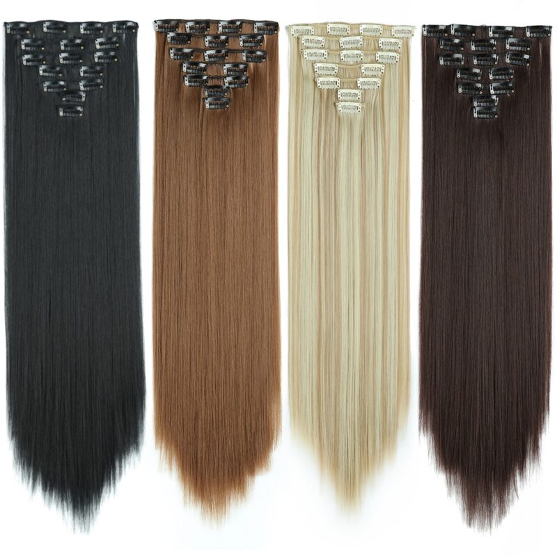 Long Straight Hairstyle Synthetic Blonde Black Hairpieces 24Inchs 16 Clips in Hair Extensions