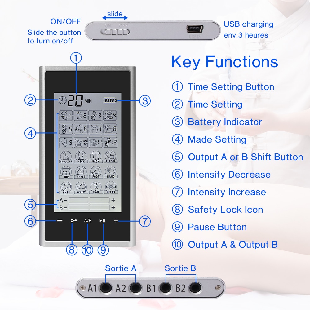 4 Output EMS Eletric Muscle Stimulator 24 Modes Physiotherapy Tens Machine Acupuncture Massage Digital Body Massager