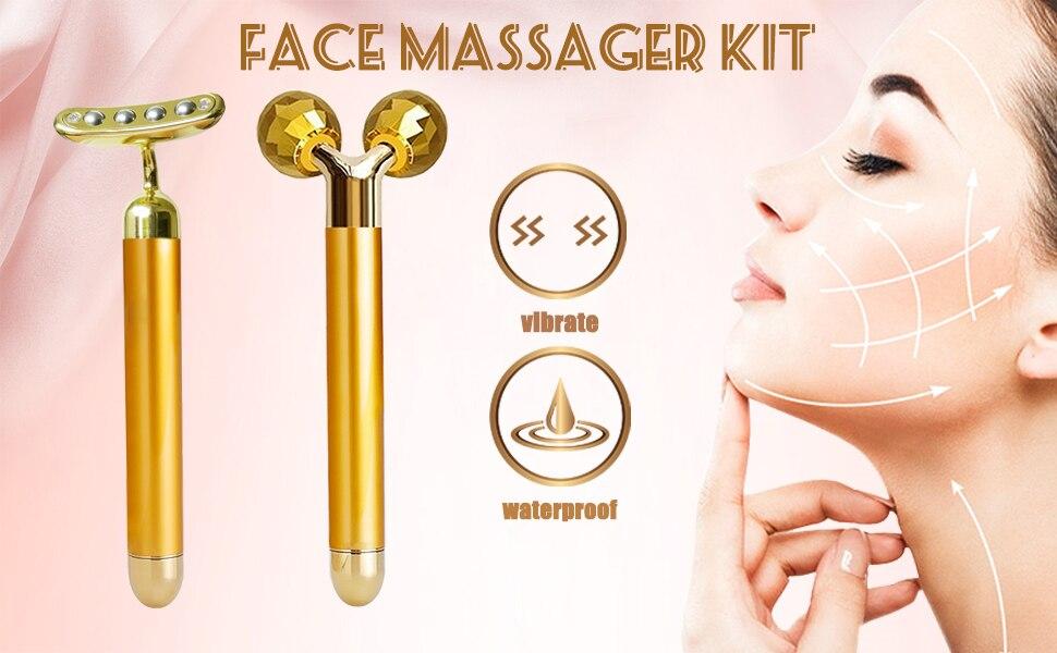 24K Glod Electric Face Massager 3D Roller 2 in 1 Facial Pulse T Shape Massager Kit Arm Eye Nose Massager Skin Care Tools