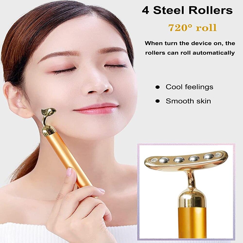 24K Glod Electric Face Massager 3D Roller 2 in 1 Facial Pulse T Shape Massager Kit Arm Eye Nose Massager Skin Care Tools