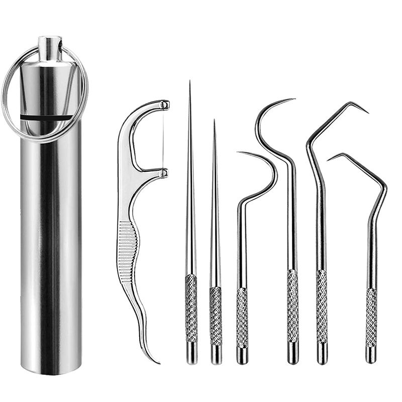 8-Pack Stainless Steel Toothpick Set Reusable Portable Stainless Steel Metal Toothpick Bag Set 
