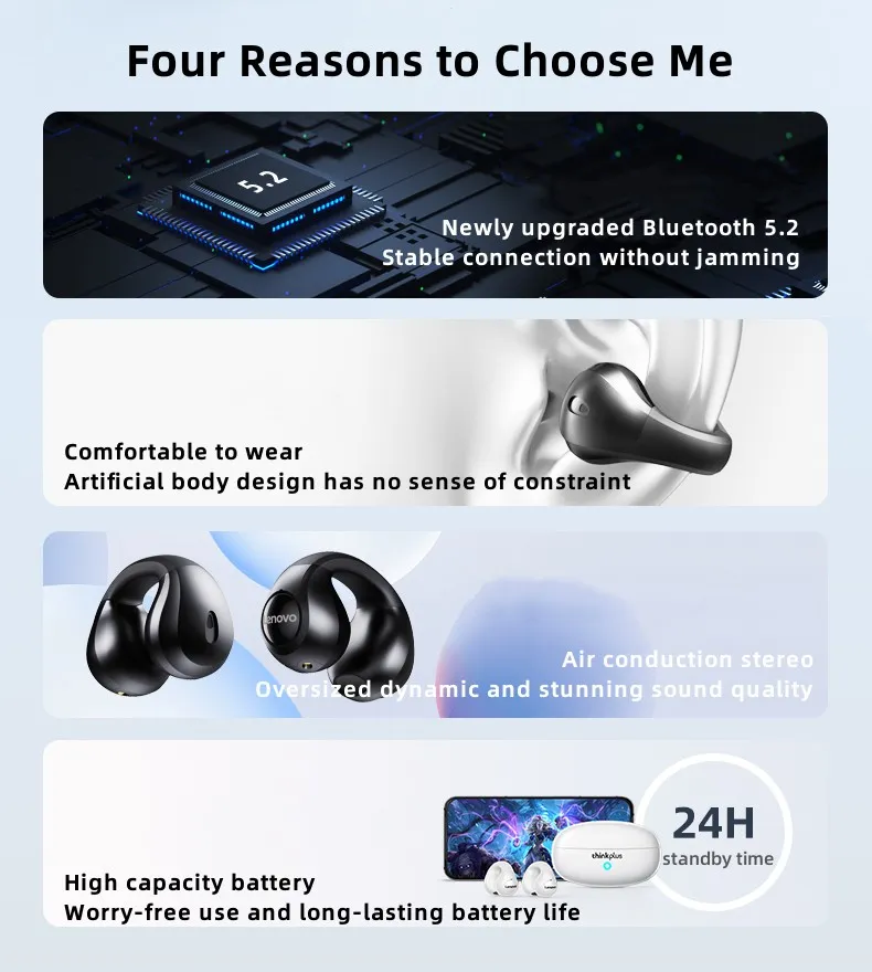 2pcs Lenovo XT83 II Wireless Headphones Bluetooth 5.3 Earphones Earclip Design Touch Control HD Voice Earbuds Sports Headset