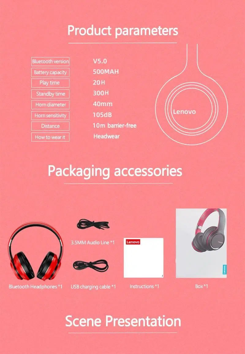 Lenovo HD200 Bluetooth Earphones Over-ear Foldable Computer Wireless Headphones Noise Cancellation HIFI Stereo Gaming Headset