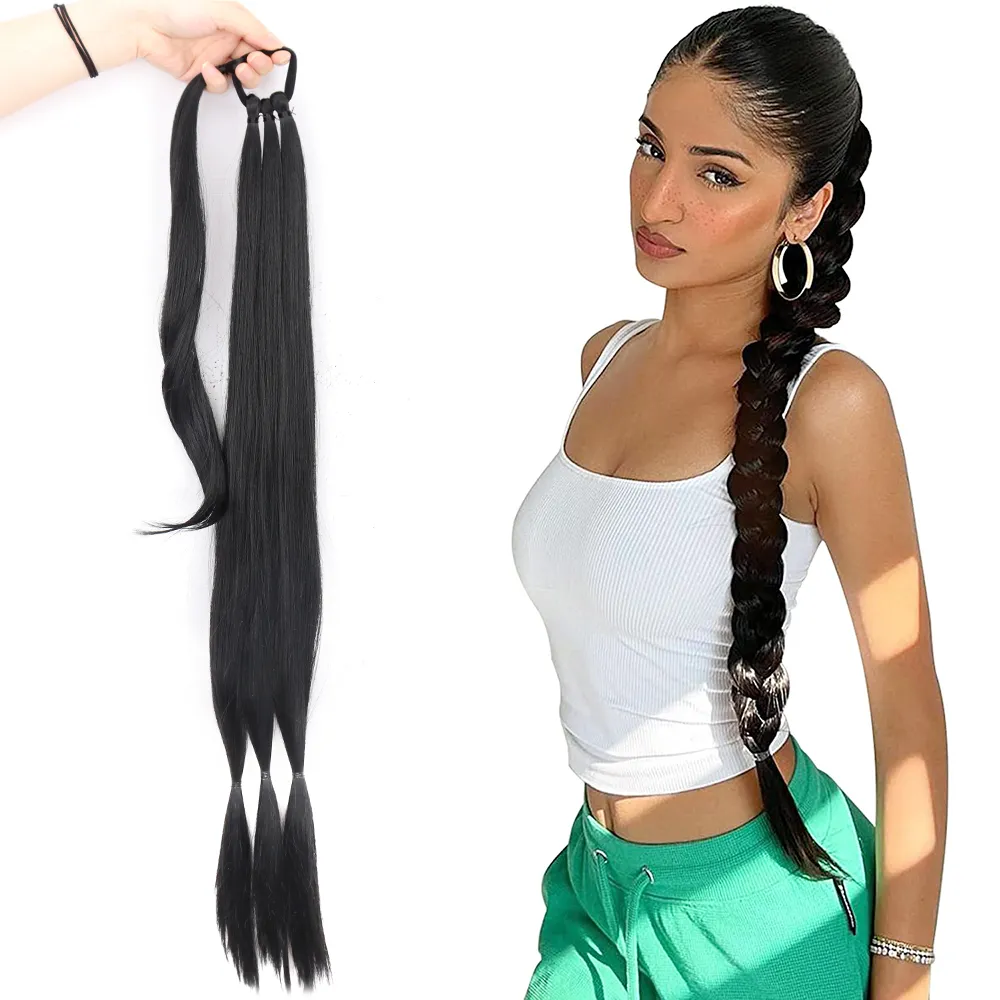 Synthetic Long Braided Ponytail Hair Extensions For Women Black Blonde Wrap Around Pony Tail Hairpieces High Temperature Fiber