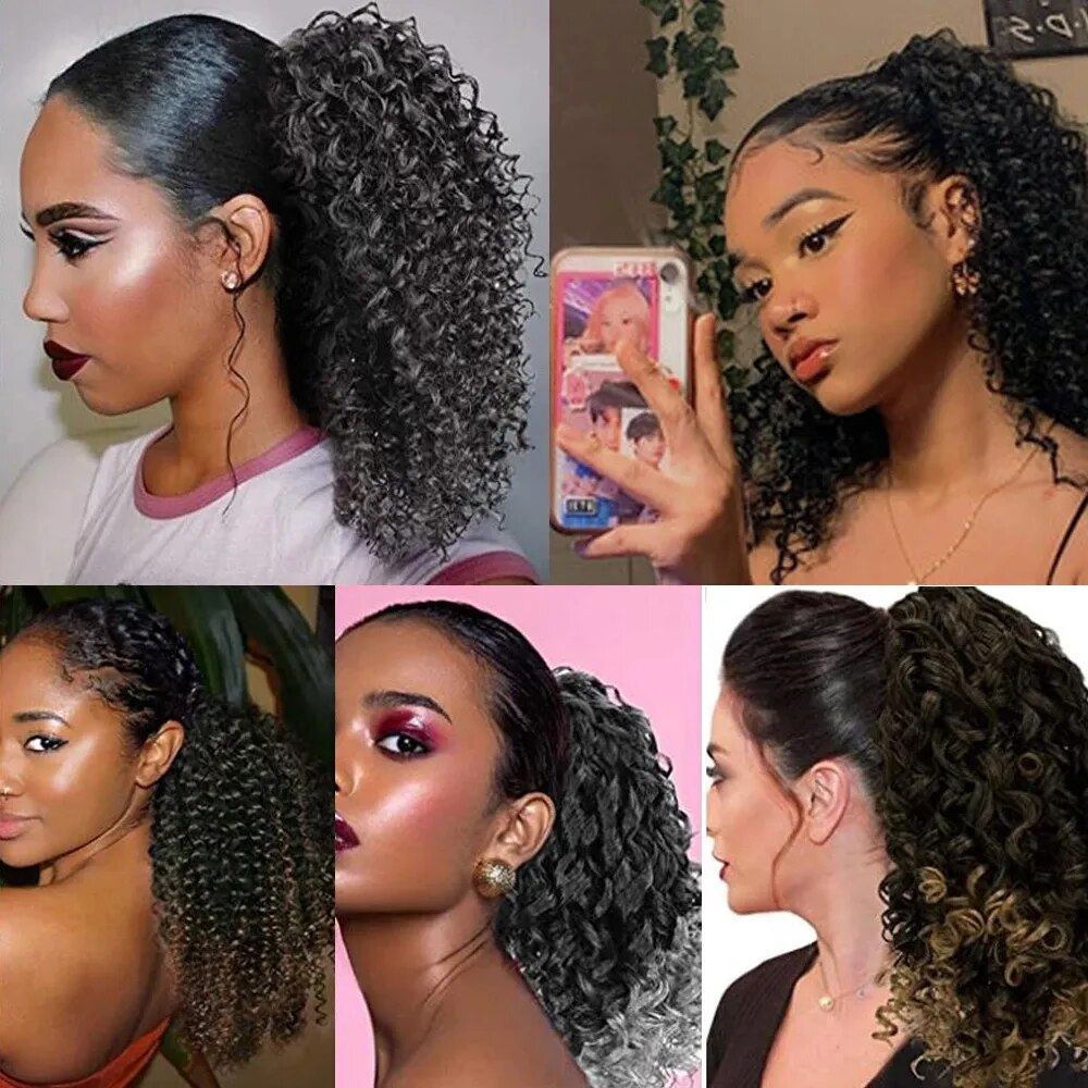 12Inch 140g Kinky Curly Ponytail Hair Clip-in Extensions Drawstring Pony With Elastic Band