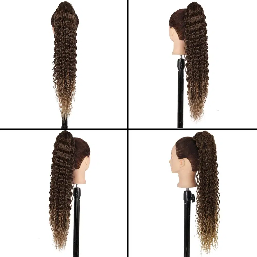 Azqueen Synthetic Long Water Wave Ponytail Clip-in Extension 24Inch Drawstring Pony Hair Piece Black Brown Ombre Color