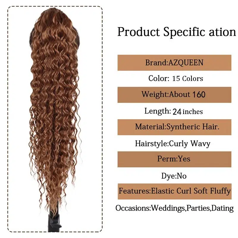 Azqueen Synthetic Long Water Wave Ponytail Clip-in Extension 24Inch Drawstring Pony Hair Piece Black Brown Ombre Color