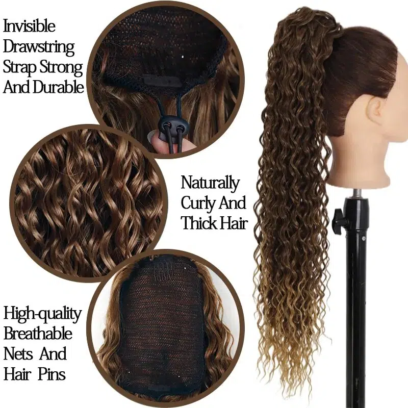 Azqueen Synthetic Long Water Wave Ponytail Clip-in Extension 24Inch Drawstring Pony Hair Piece Black Brown Ombre Color