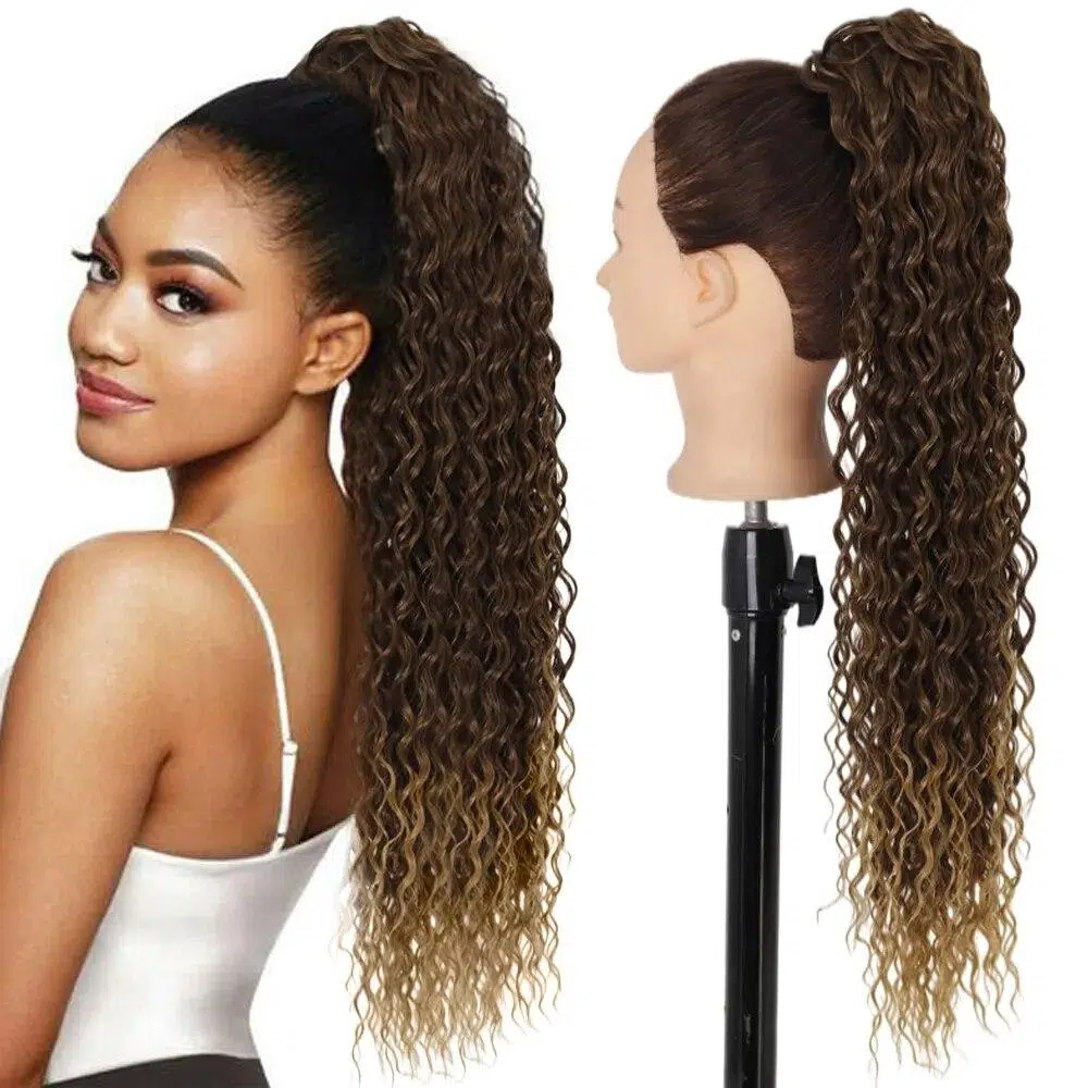 Azqueen Synthetic Long Water Wave Ponytail Clip-in Extension 24Inch Drawstring Pony Hair Piece Black Brown Ombre Color