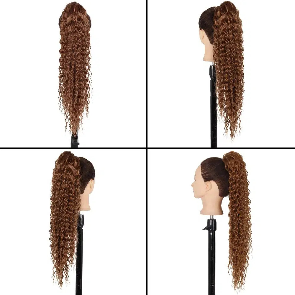 Azqueen Synthetic Long Water Wave Ponytail Clip-in Extension 24Inch Drawstring Pony Hair Piece Black Brown Ombre Color