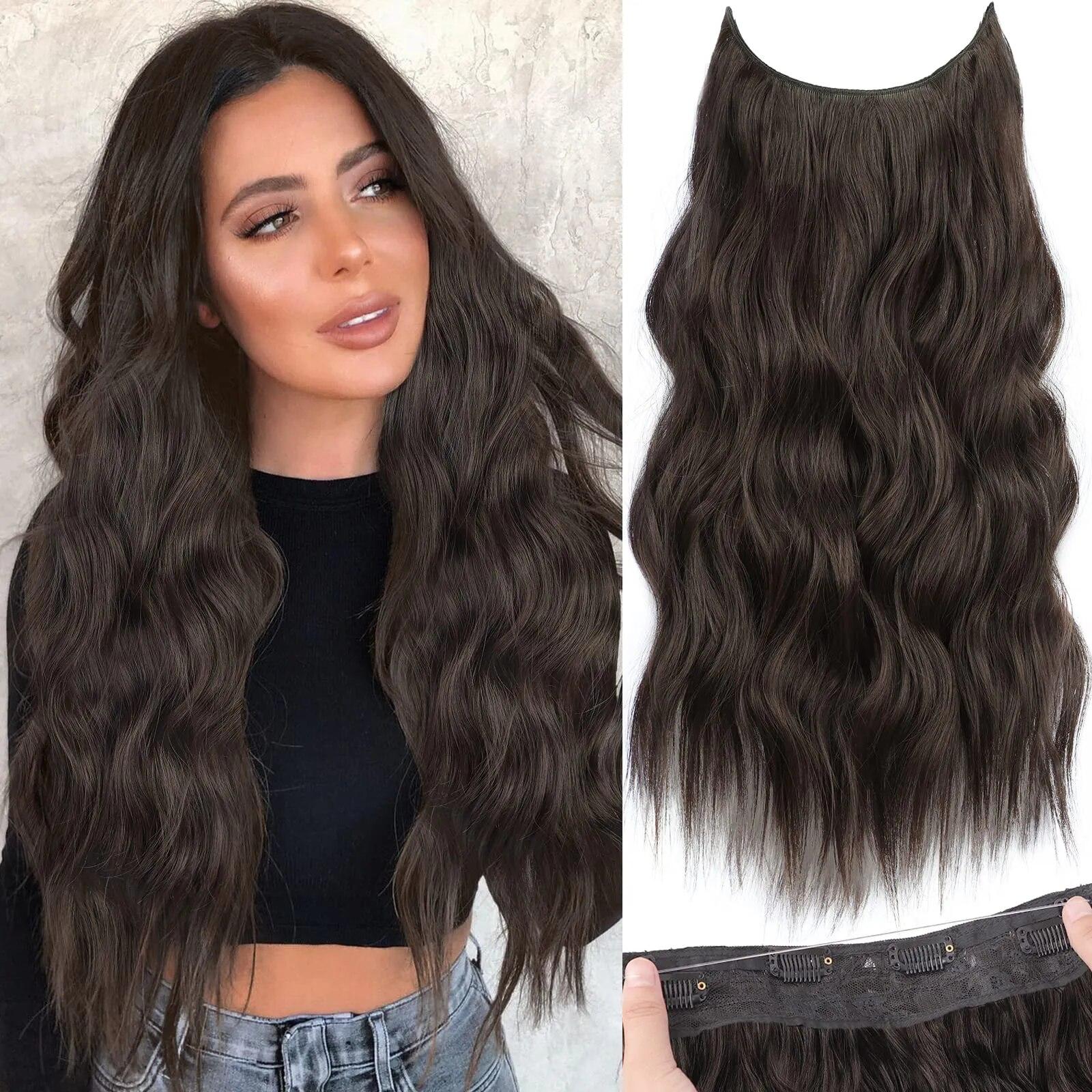 22 Inch Invisible Wire Hair Extensions 4 Clips In Natural Synthetic Long Wavy Hairpieces Black Dark Brown For Women Daily Party