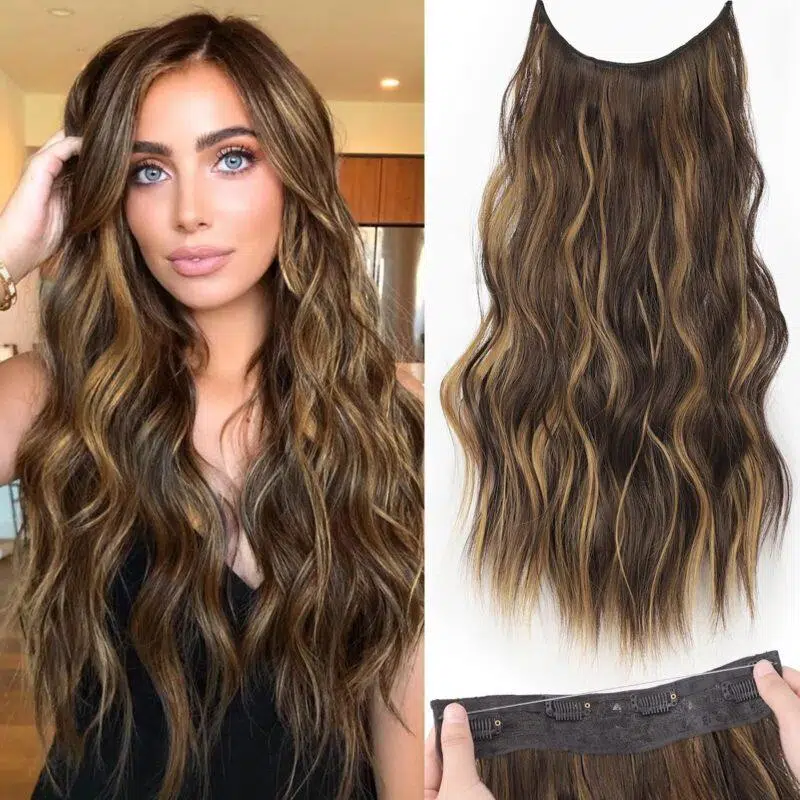 22 Inch Long Wavy Invisible Wire Hair Extensions 4 Clips In Natural Hairpieces Black Dark Brown