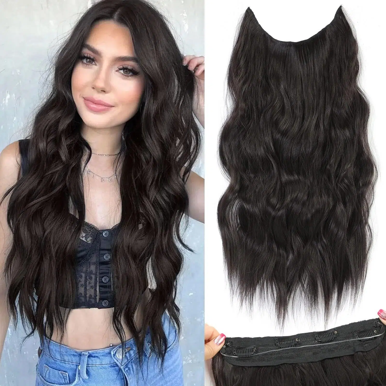 22 Inch Invisible Wire Hair Extensions 4 Clips In Natural Synthetic Long Wavy Hairpieces Black Dark Brown For Women Daily Party