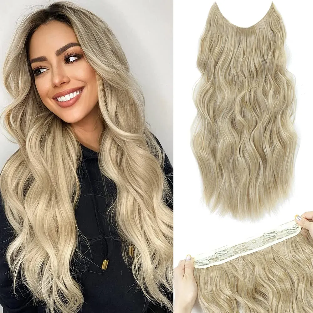 Synthetic Invisible Wire Hair Extensions 22Inch Long Wavy 4 Clips In Hairpiece For Women Brown Natural Black Daily Party Use
