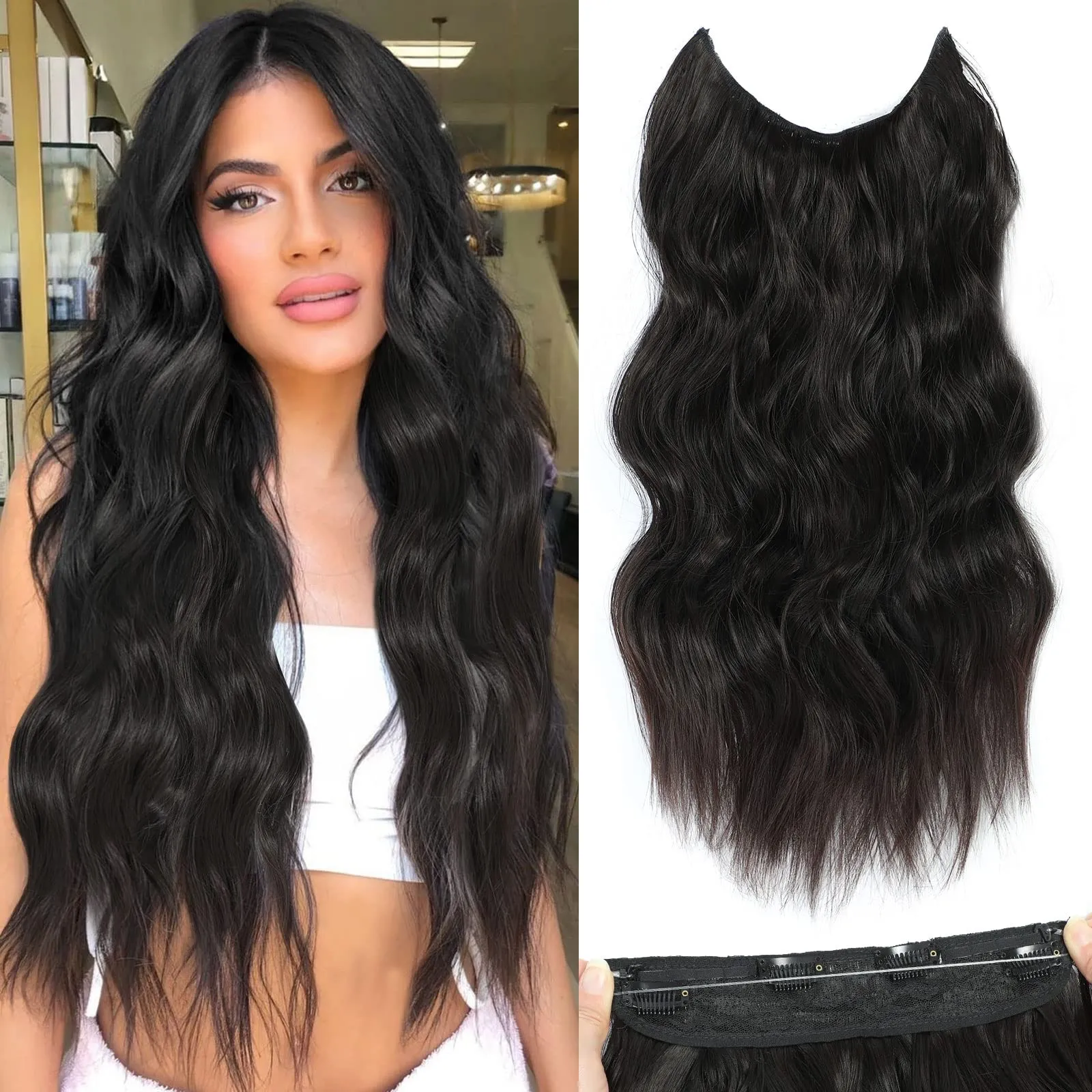 Synthetic Invisible Wire Hair Extensions 22Inch Long Wavy 4 Clips In Hairpiece For Women Brown Natural Black Daily Party Use