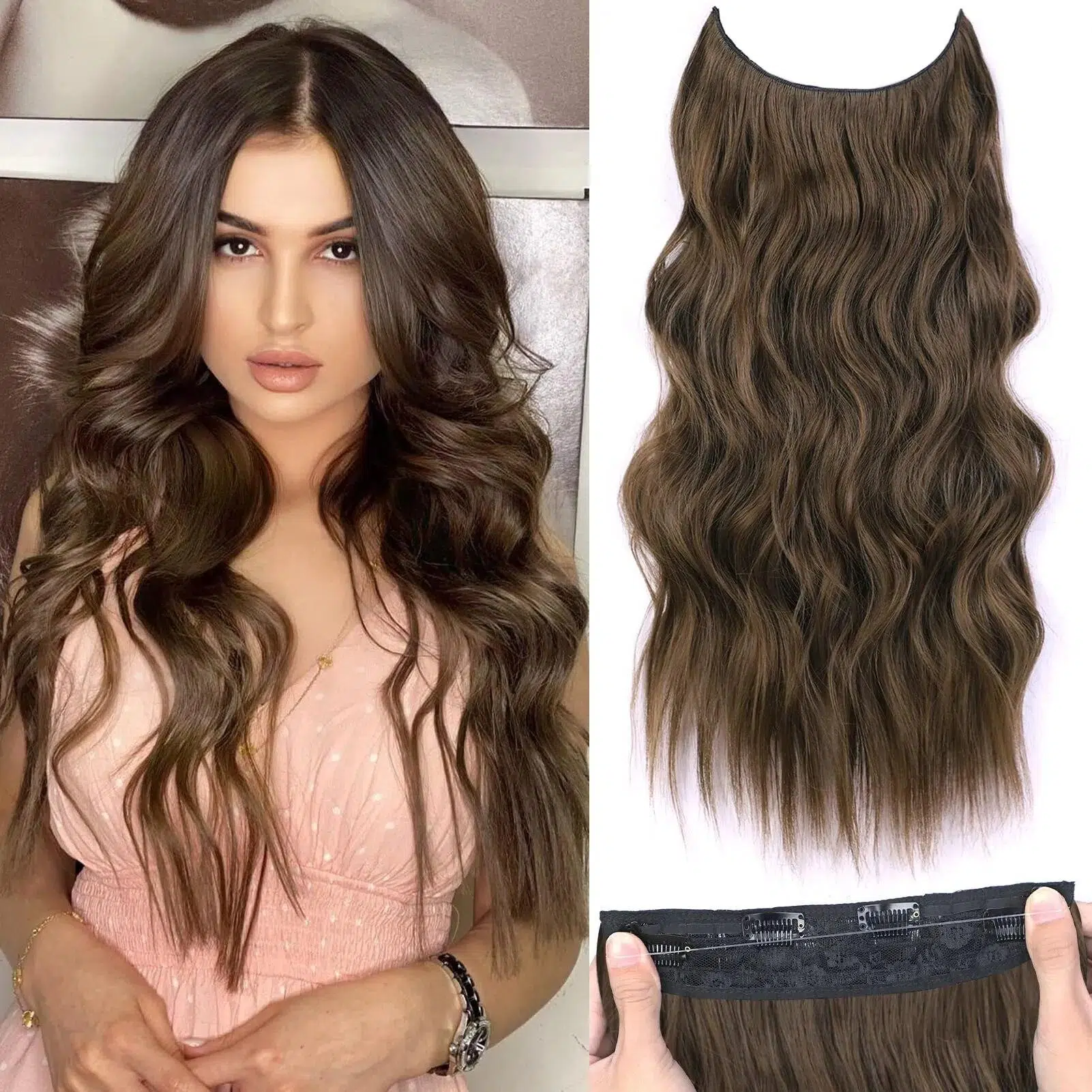 Synthetic Invisible Wire Hair Extensions 22Inch Long Wavy 4 Clips In Hairpiece For Women Brown Natural Black Daily Party Use