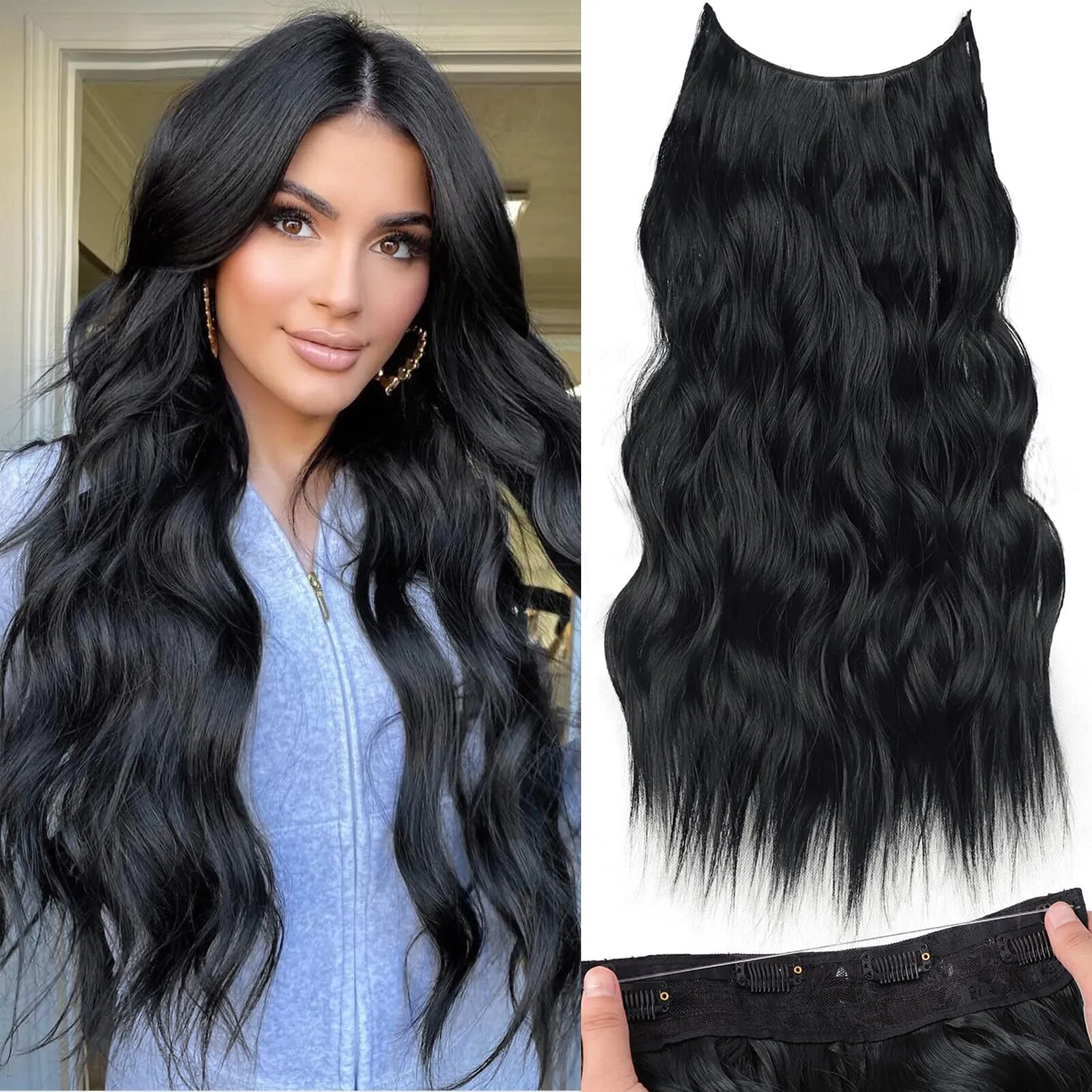 Synthetic Invisible Wire Hair Extensions 22Inch Long Wavy 4 Clips In Hairpiece For Women Brown Natural Black Daily Party Use
