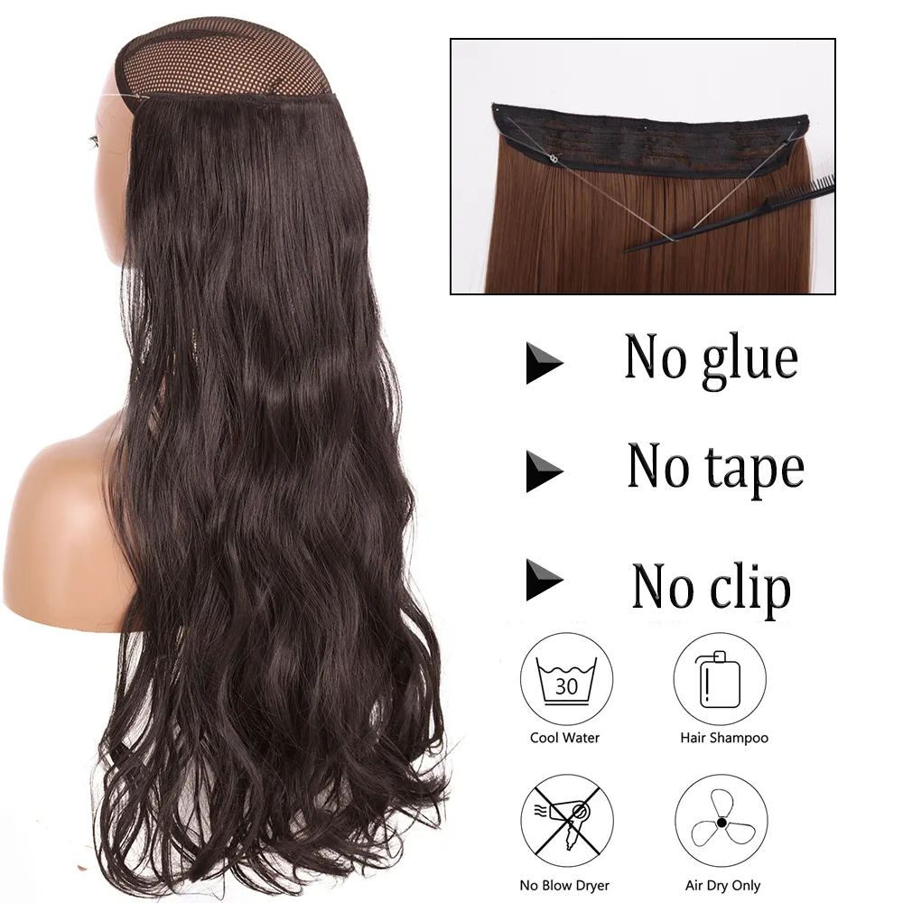 Natural Long Wavy No Clip Hair Extensions Invisible Wire Hairpiece 16"22"32" Black Brown Blonde Mixed Colors