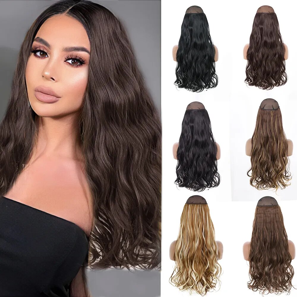 Natural Long Wavy No Clip Hair Extensions Invisible Wire Hairpiece 16"22"32" Black Brown Blonde Mixed Colors