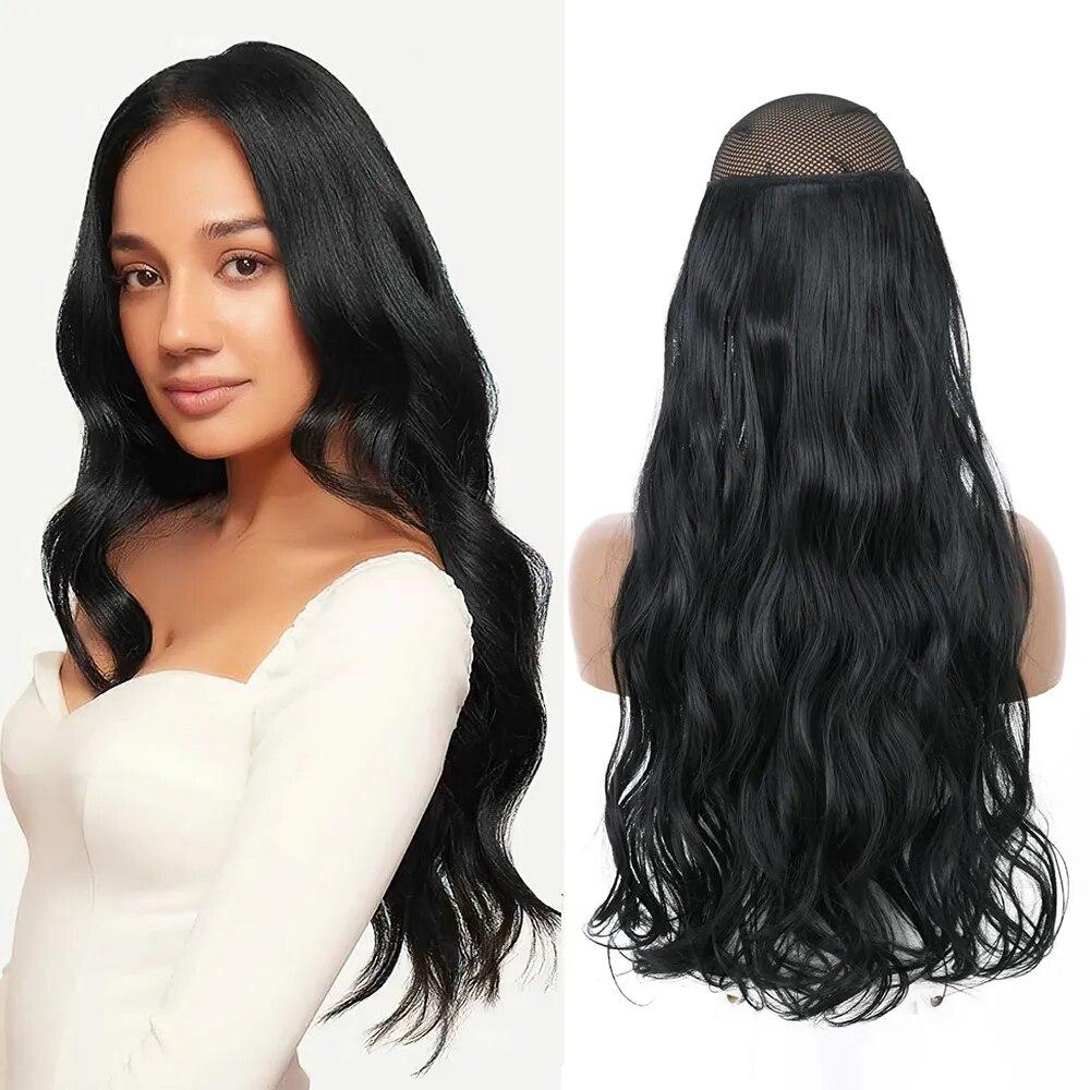 No Clip Long Wavy Natural Hairpiece Invisible Hair Extensions 16"22"32" Fish Line 