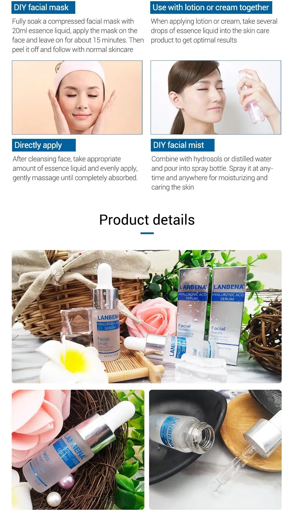 LANBENA Hyaluronic Acid Serum Snail Essence Face Cream Moisturizing Acne Treatment Repair Whitening Anti-Aning Winkles10PCS