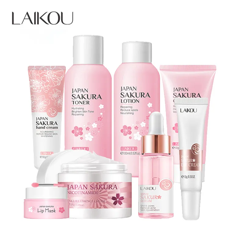 8Pcs LAIKOU Japan Sakura Face Skin Care Set Serum Moisturizing Nourishing Soothing Whitening Repairing Anti-Wrinkle Beauty Makeup Set