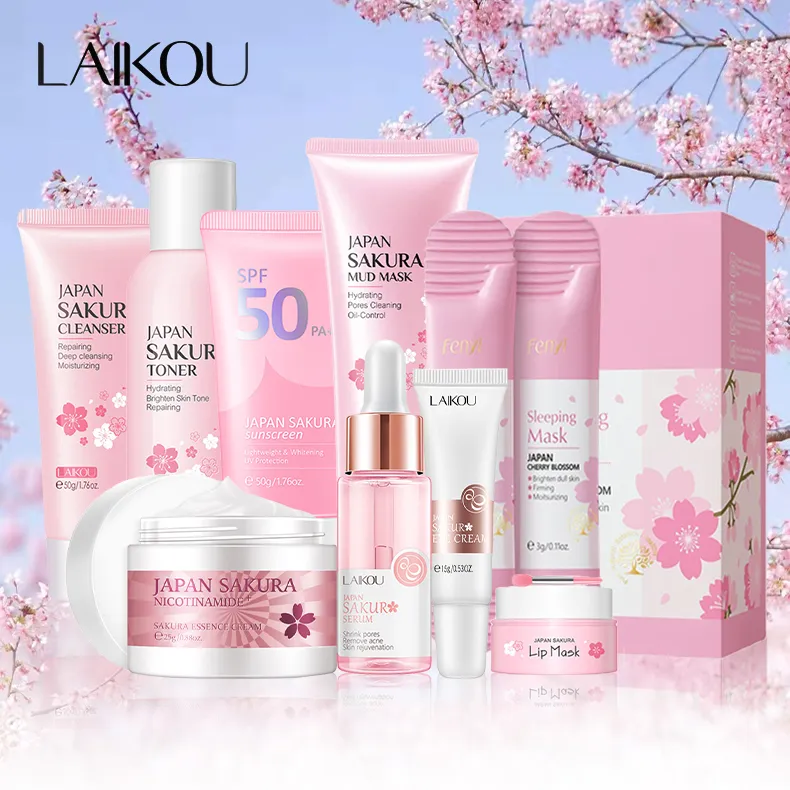 9pcs Facial Products Kit Sakura Skin Care Set Facial Cleanser Face Cream Sunscreen Facial Mask Eye Cream Korean Skincare Product