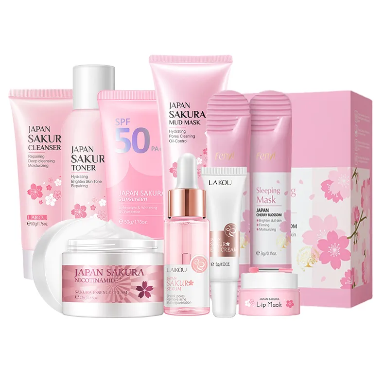 9pcs Facial Products Kit Sakura Skin Care Set Facial Cleanser Face Cream Sunscreen Facial Mask Eye Cream Korean Skincare Product