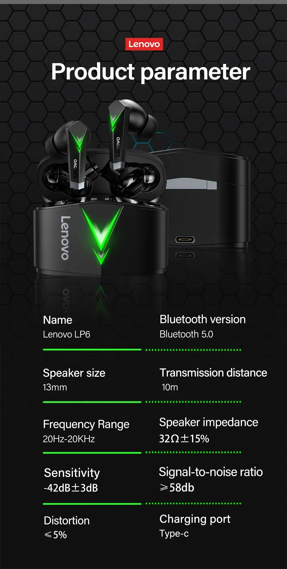 Lenovo Original LP6 TWS Gaming Earphone Wireless Buletooth Headphone With Noise Reduction Dual Mode Headset For E-Sports Games