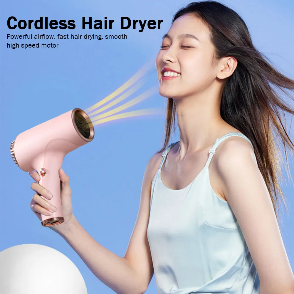 2600mAh Cordless Anion Blow Dryer Portable Hair Dryer 40/500W USB Rechargeable Powerful 2 Gears for Household Travel Salon