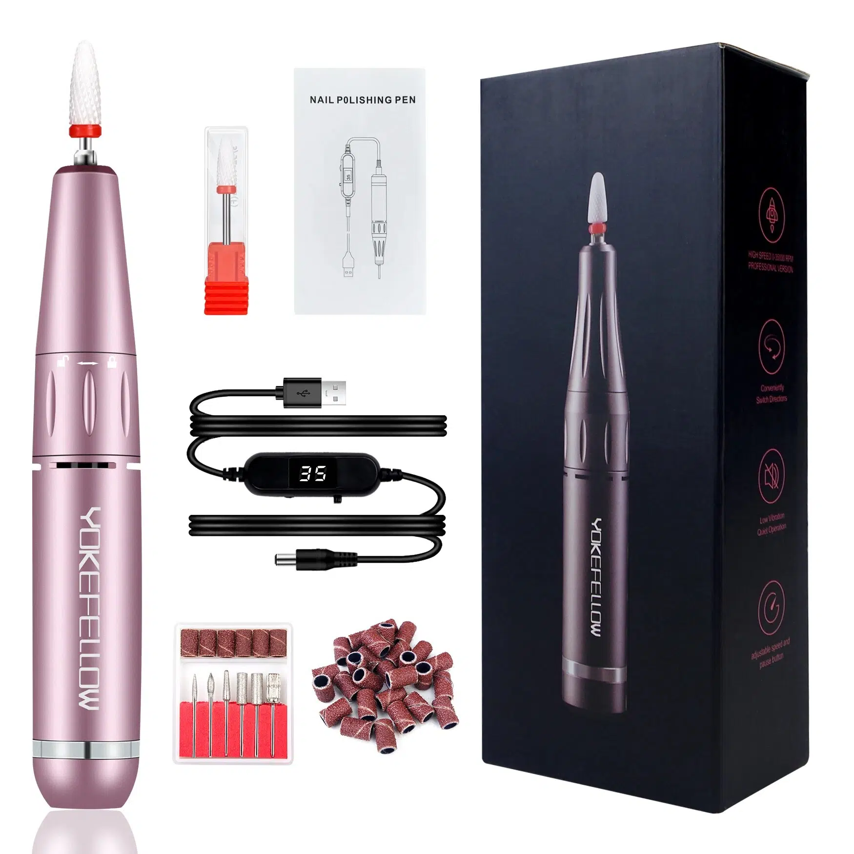YOKEFELLOW 30000/35000RPM Nail Drill Machine Portable USB Low Noise for Cutting Manicure Machine Electric Salon Nail Equipment