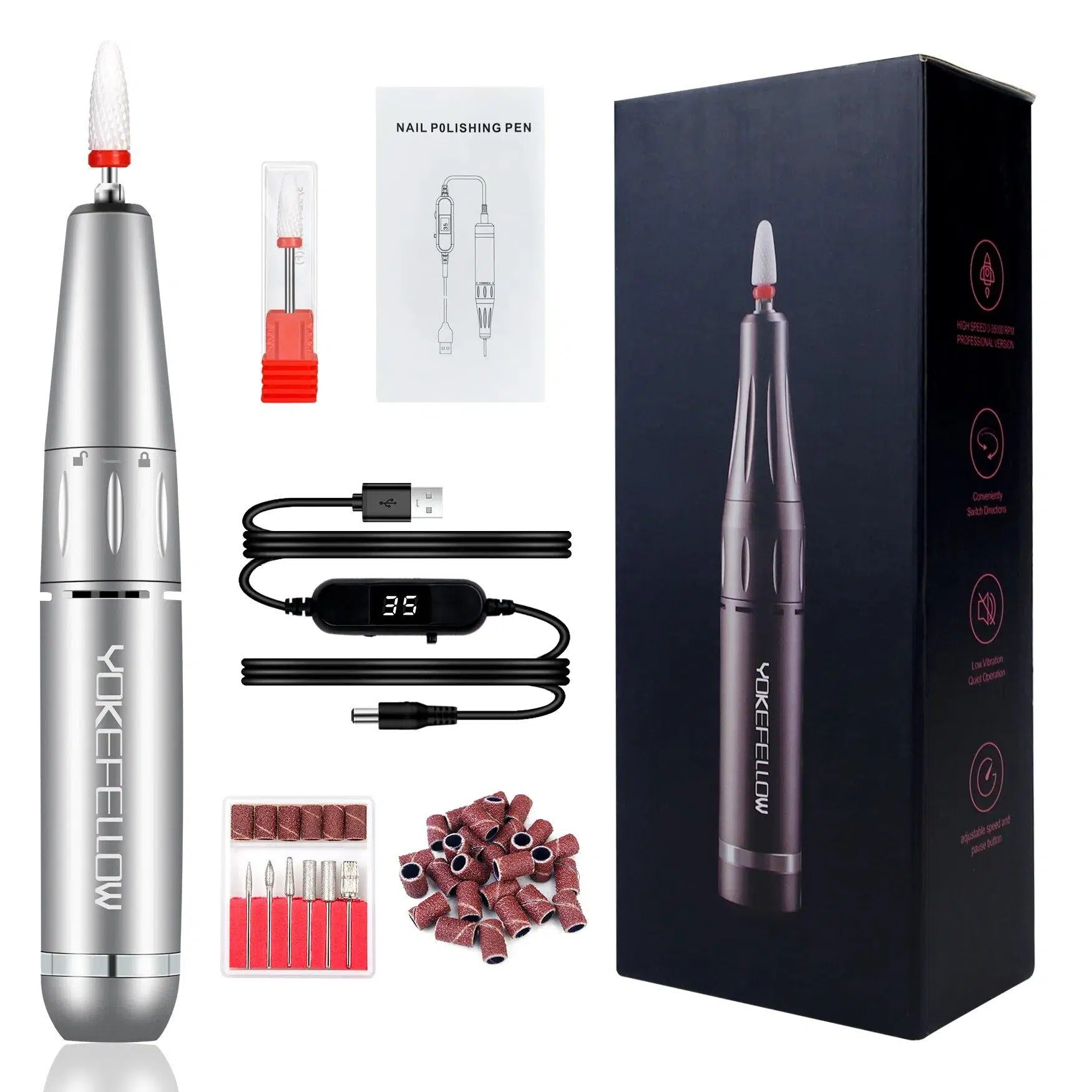 YOKEFELLOW 30000/35000RPM Nail Drill Machine Portable USB Low Noise for Cutting Manicure Machine Electric Salon Nail Equipment