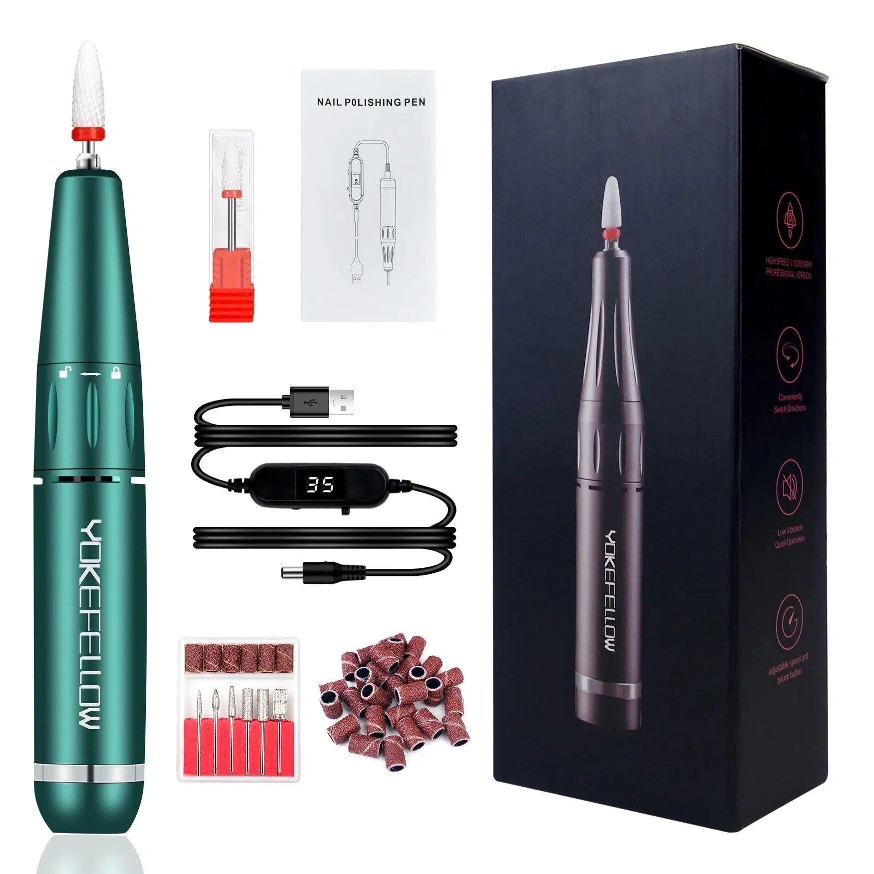YOKEFELLOW 30000/35000RPM Nail Drill Machine Portable USB Low Noise for Cutting Manicure Machine Electric Salon Nail Equipment
