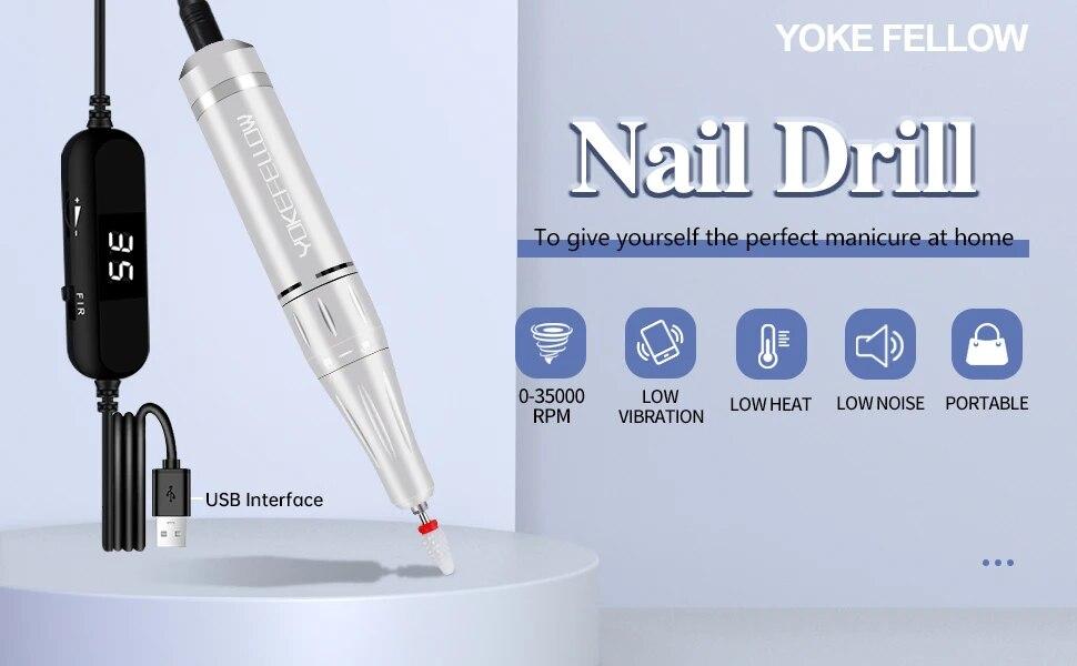 YOKEFELLOW 30000/35000RPM Nail Drill Machine Portable USB Low Noise for Cutting Manicure Machine Electric Salon Nail Equipment YOKEFELLOW 30000/35000RPM Nail Drill Machine Portable USB Low Noise for Cutting Manicure Machine Electric Salon Nail Equipment