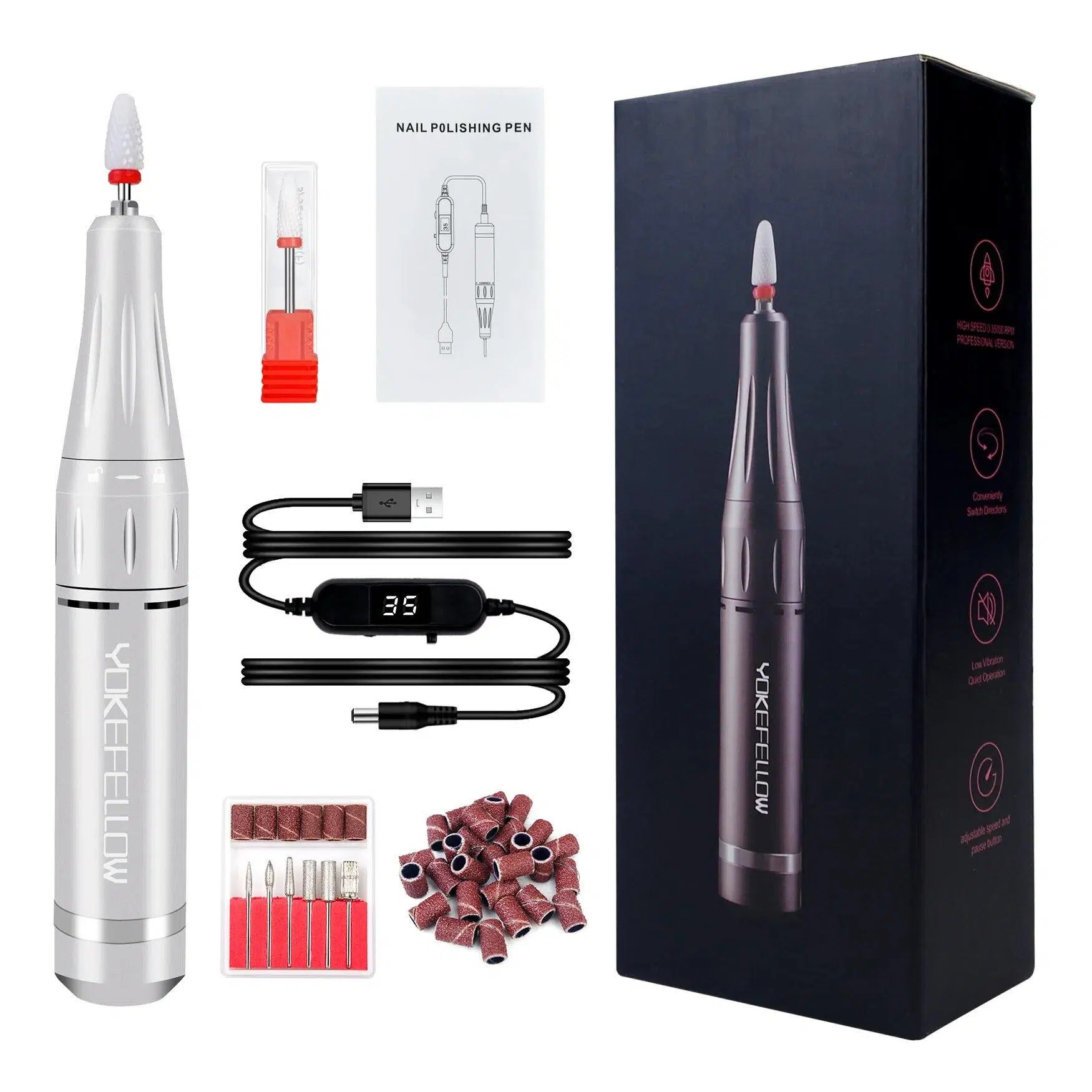 YOKEFELLOW 30000/35000RPM Nail Drill Machine Portable USB Low Noise for Cutting Manicure Machine Electric Salon Nail Equipment