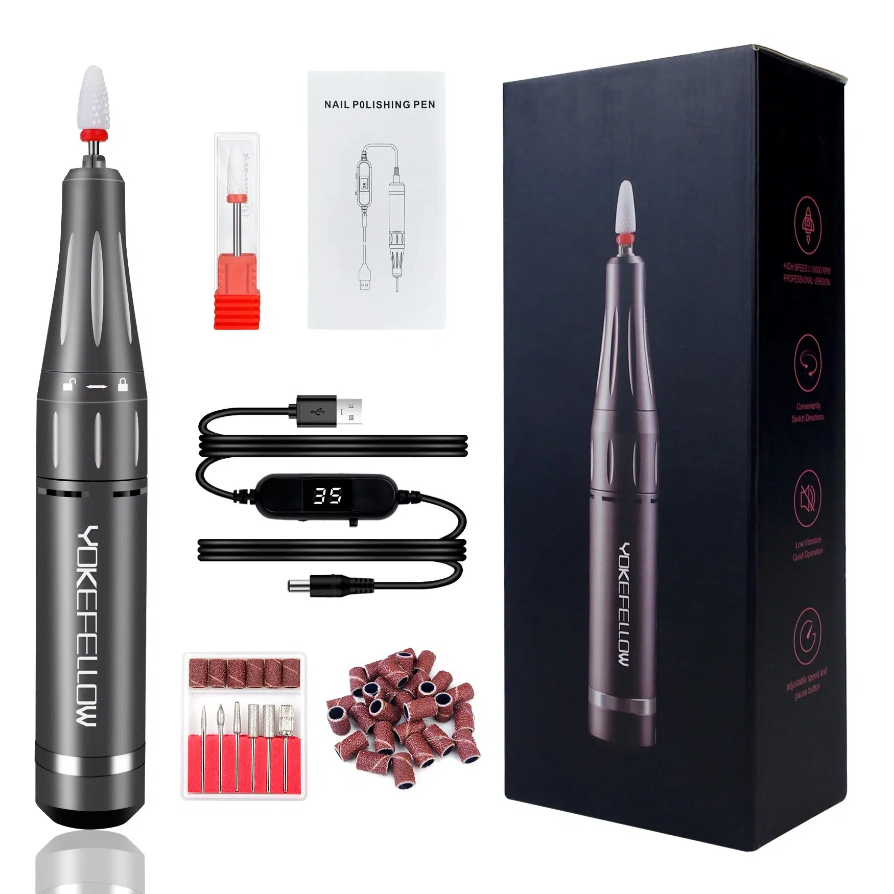 YOKEFELLOW 30000/35000RPM Nail Drill Machine Portable USB Low Noise for Cutting Manicure Machine Electric Salon Nail Equipment