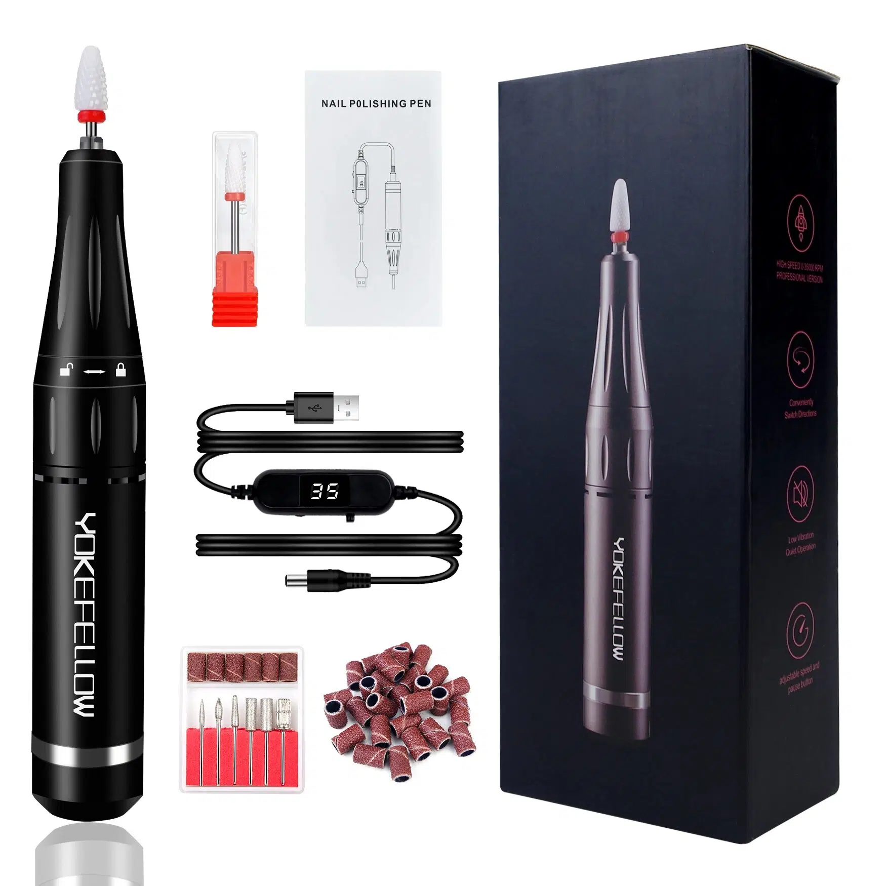 YOKEFELLOW 30000/35000RPM Nail Drill Machine Portable USB Low Noise for Cutting Manicure Machine Electric Salon Nail Equipment