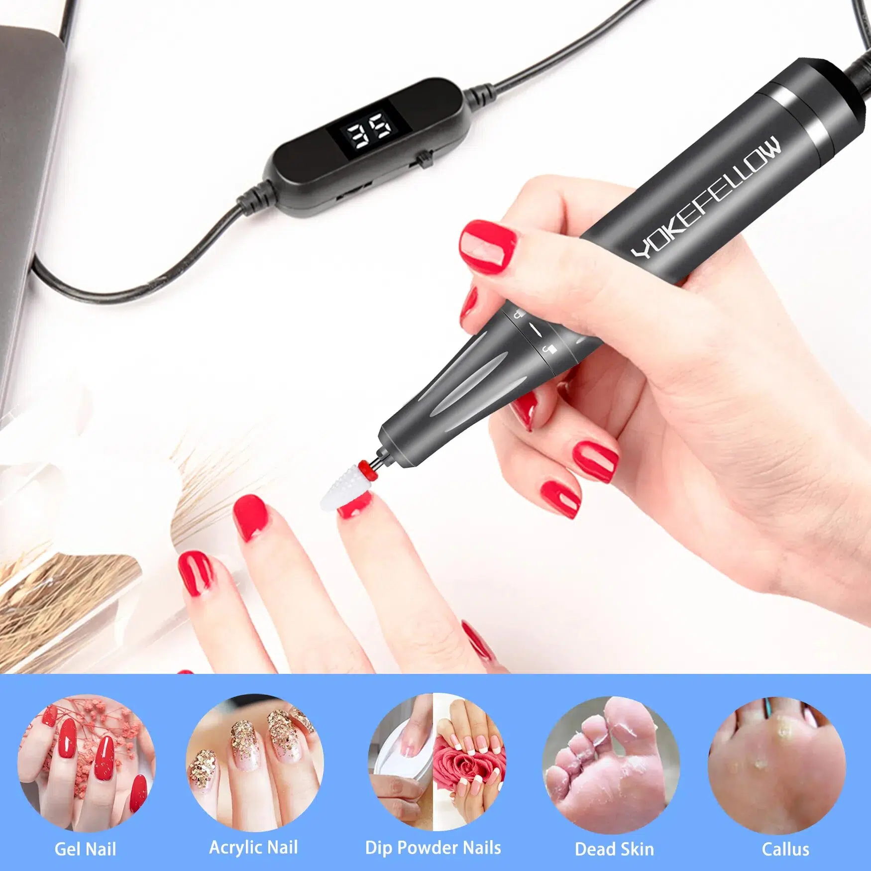 YOKEFELLOW 30000/35000RPM Nail Drill Machine Portable USB Low Noise for Cutting Manicure Machine Electric Salon Nail Equipment