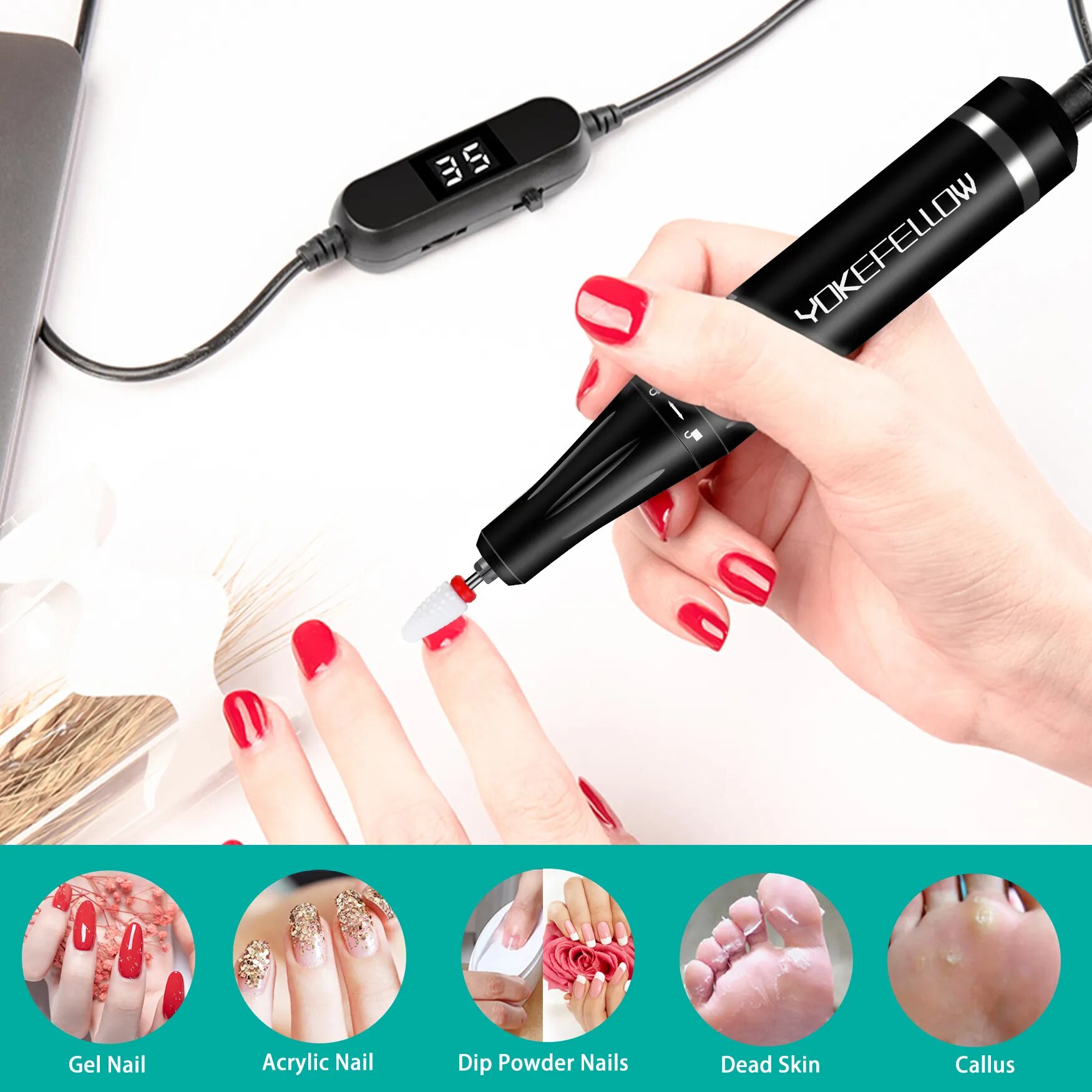 YOKEFELLOW 30000/35000RPM Nail Drill Machine Portable USB Low Noise for Cutting Manicure Machine Electric Salon Nail Equipment YOKEFELLOW 30000/35000RPM Nail Drill Machine Portable USB Low Noise for Cutting Manicure Machine Electric Salon Nail Equipment
