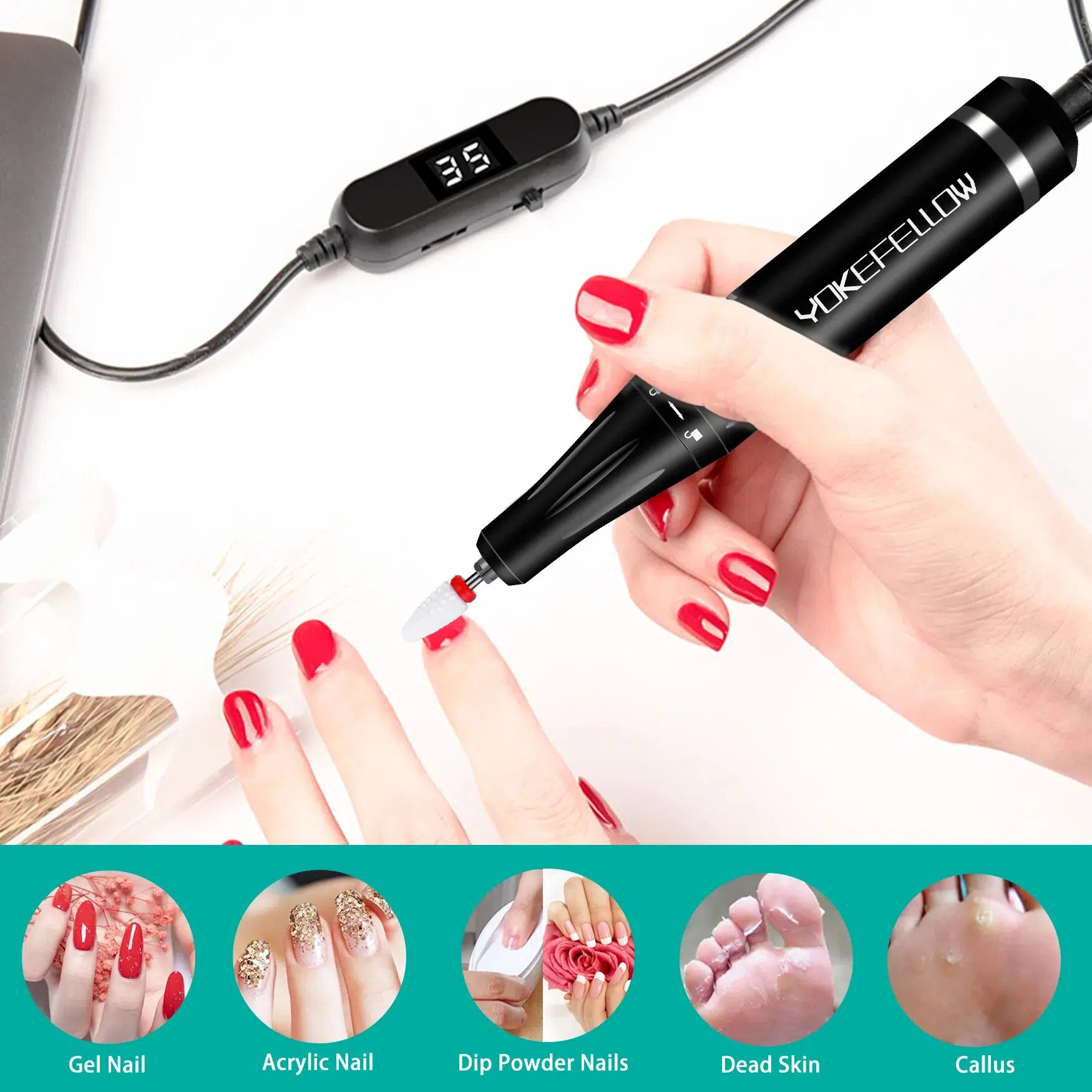 YOKEFELLOW 30000/35000RPM Nail Drill Machine Portable USB Low Noise for Cutting Manicure Machine Electric Salon Nail Equipment