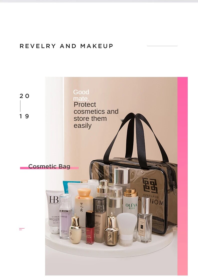 Portable Travel Wash Bag Female Transparent Waterproof Makeup Storage Pouch Cosmetic Bag, Multi-functional Cosmetics Wash Travel Bagli