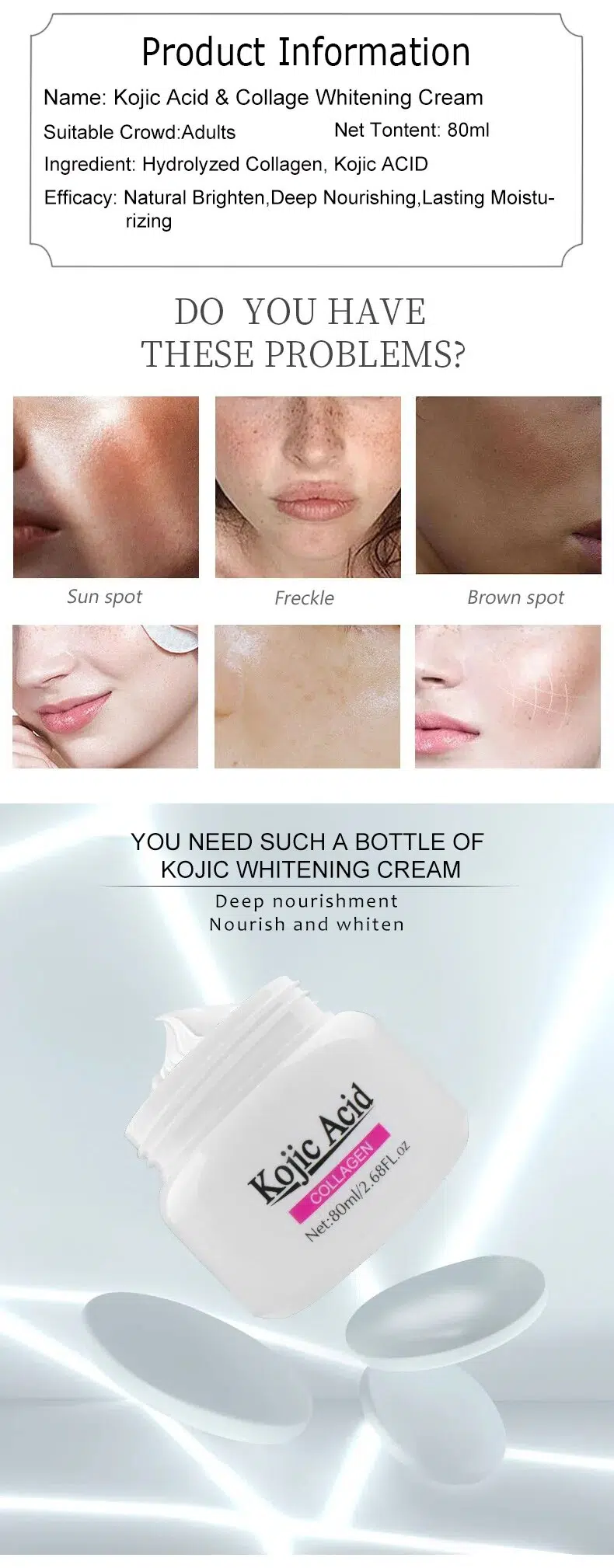 80ml Kojic Acid Cream Collagen Whitening Cream Anti-Wrinkle Hyaluronic Acid Moisturizing Anti-aging Nourishing Serum Skin Care