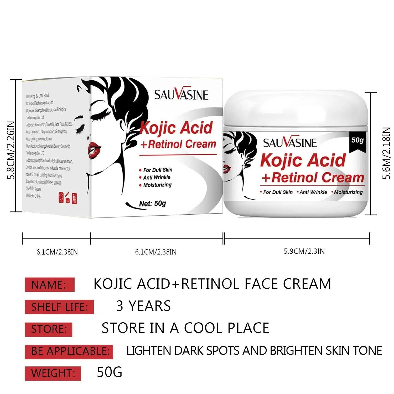 Kojic Acid Face Cream Retinol Whitening Cream Remove Dark Spots Anti Aging Brighten Moisturizing Nourishing Facial Skin Care