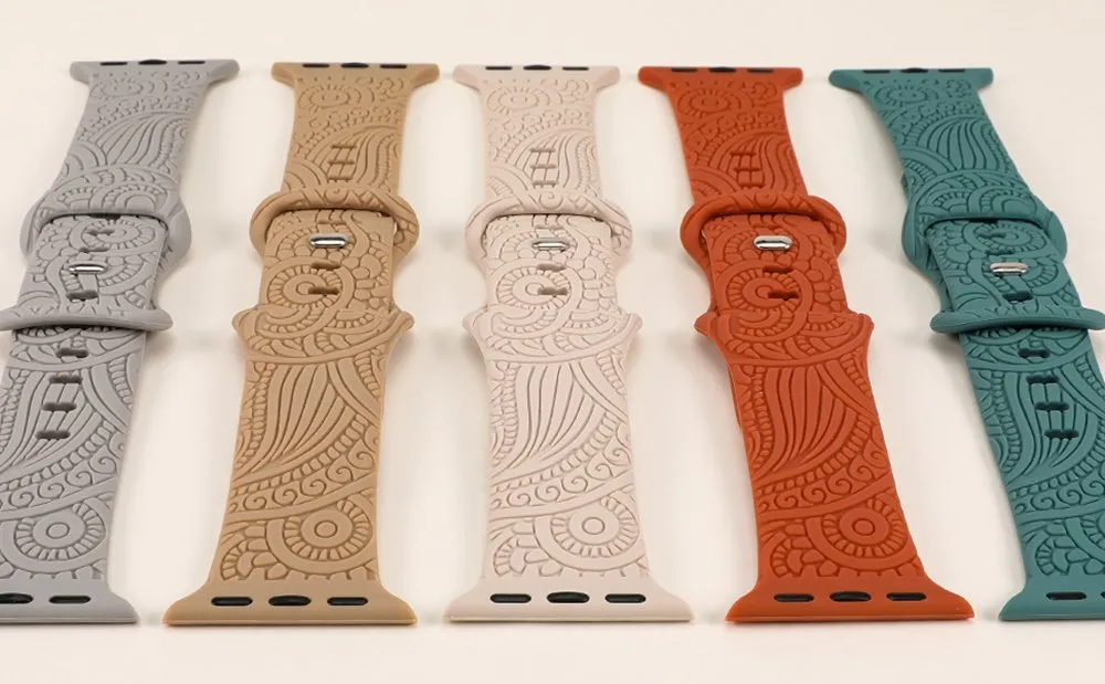 Apple Watch Engraved Band 41mm 40mm 38mm Floral Silicone Sport Strap For iWatch 9/8/SE/7/6/5/4/3/2/1
