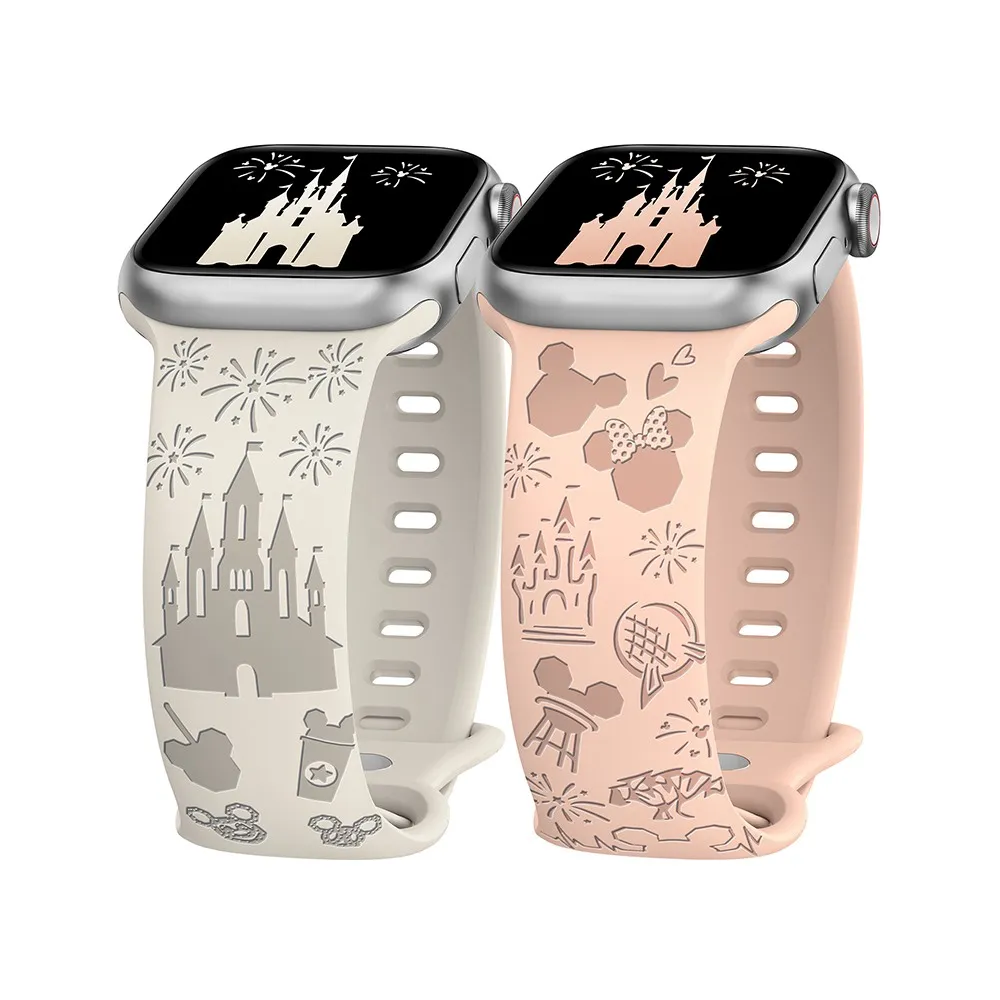 Wearlizer 2 Packs Cartoon Engraved Floral Band for Apple Watch 41mm 40mm 38mm Silicone Strap for iWatch Series 8/7/SE/6/5/4/3/2